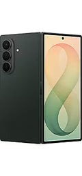 A dark green Samsung Galaxy S24 Ultra foldable smartphone shown partially open, with the back panel on the left and the front display on the right, against a plain white background.